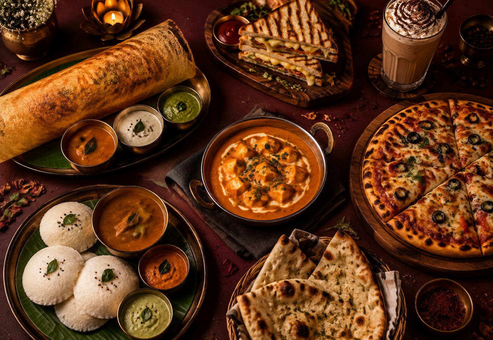 Dosa, idli, paneer curry, pizza, sandwich and cold coffee